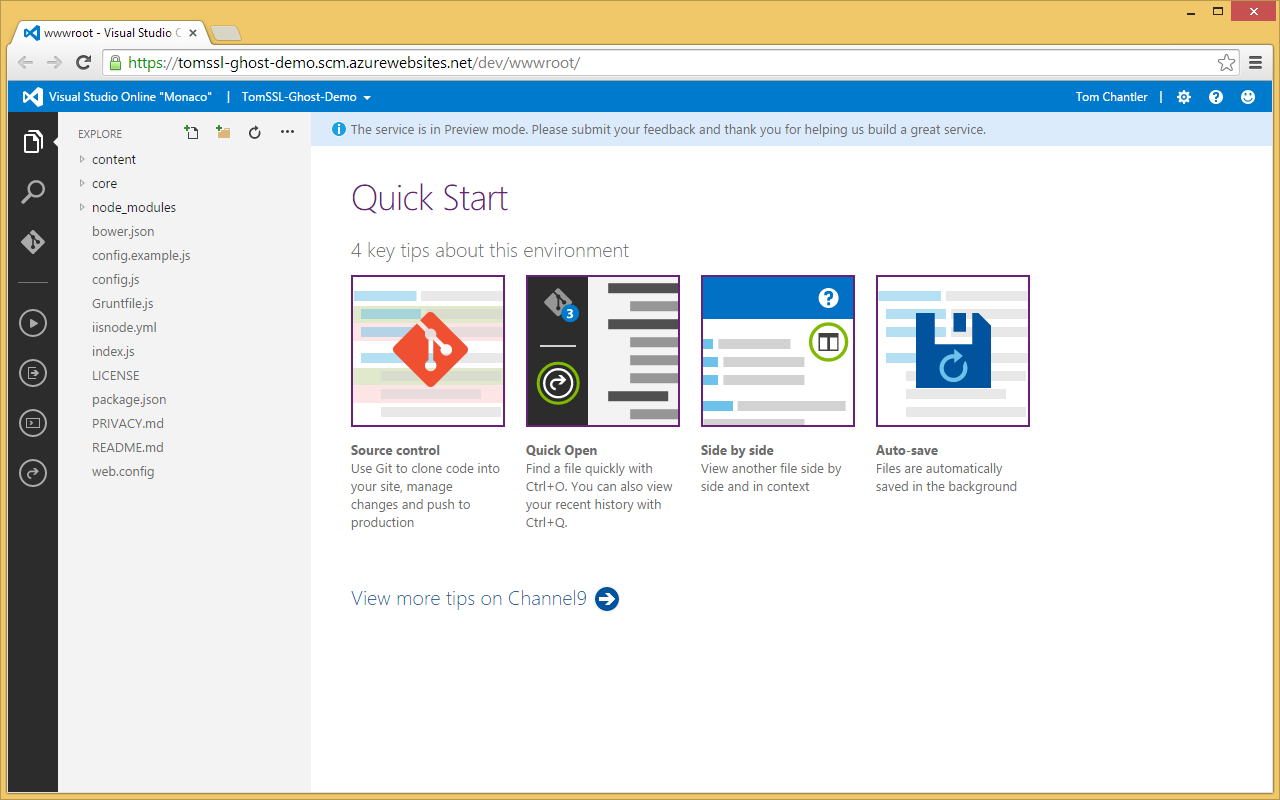 Ghost in Azure Visual Studio Online Quick Start
