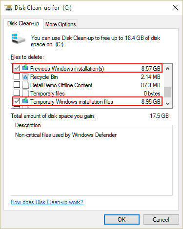 Disk clean up showing old windows files