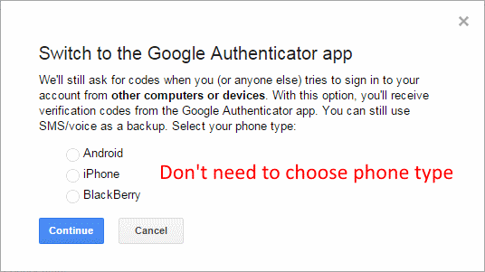 Google 2-Step enabling - don't choose phone type