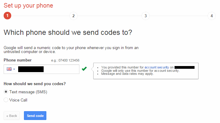 Google 2-Step enabling - enter phone number