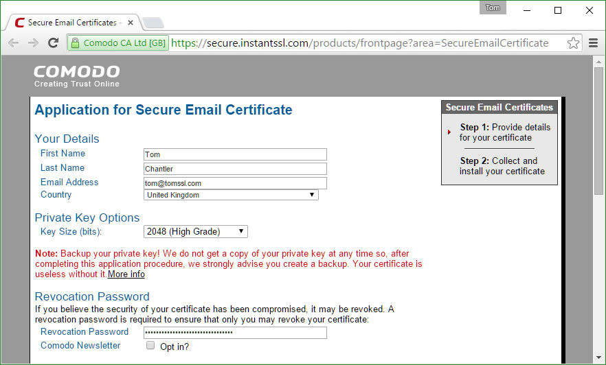 Apply for email free certificate from Comodo
