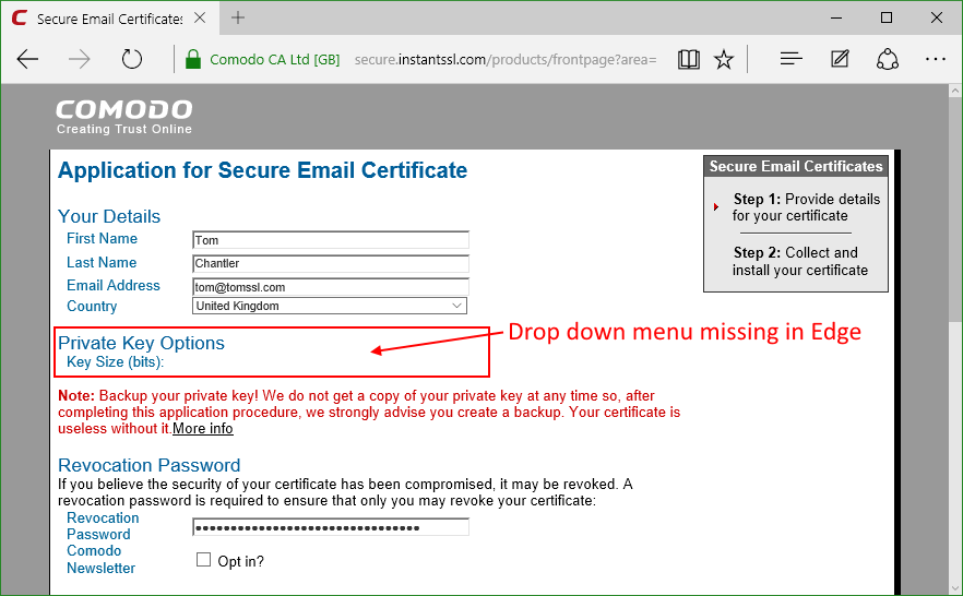 Apply for email free certificate from Comodo - Drop down missing in Edge