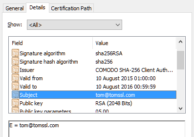 Email Certificate Details Tab Excerpt