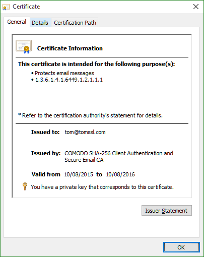 Email Certificate General Tab