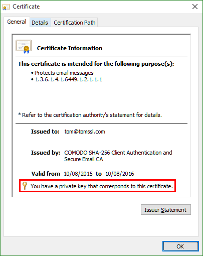 S/MIME Certificate has Corresponding Private Key