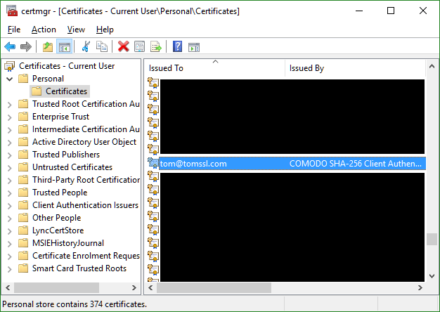 certmgr.msc Personal Certificates on Windows 10