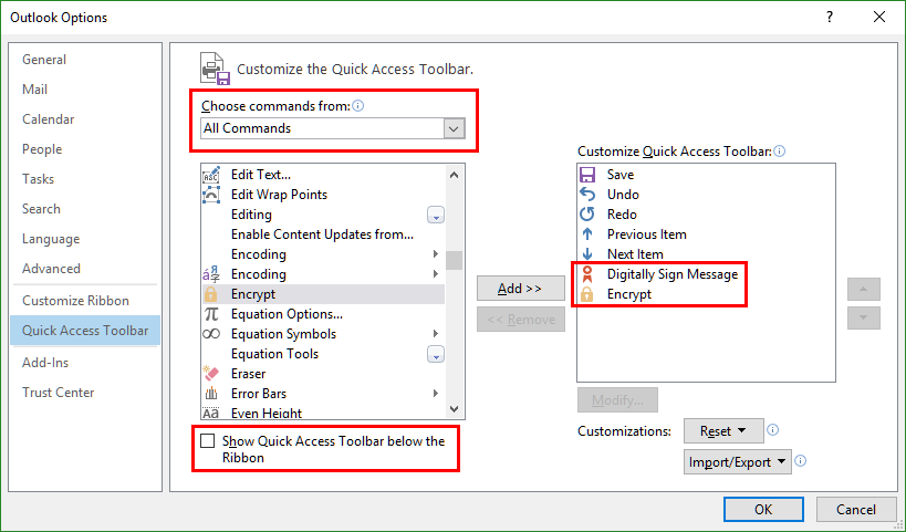 Outlook - Customise Quick Access Toolbar