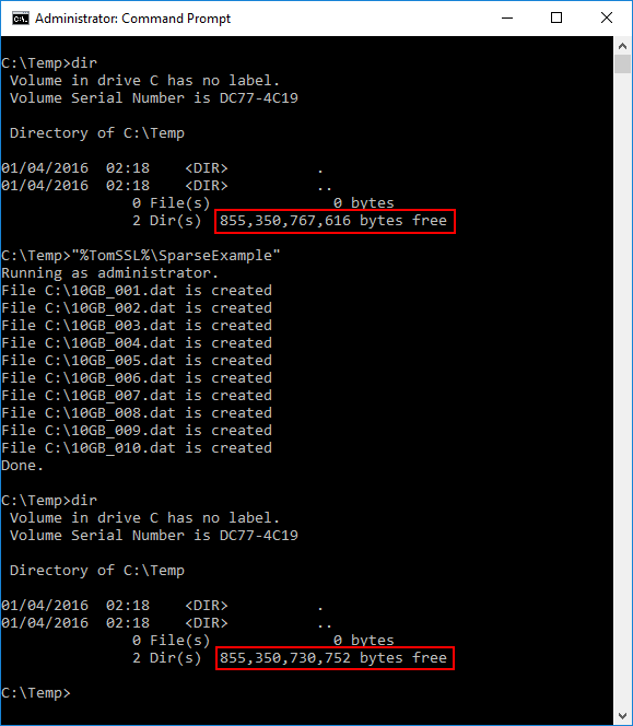 Sparse Files Disk Space