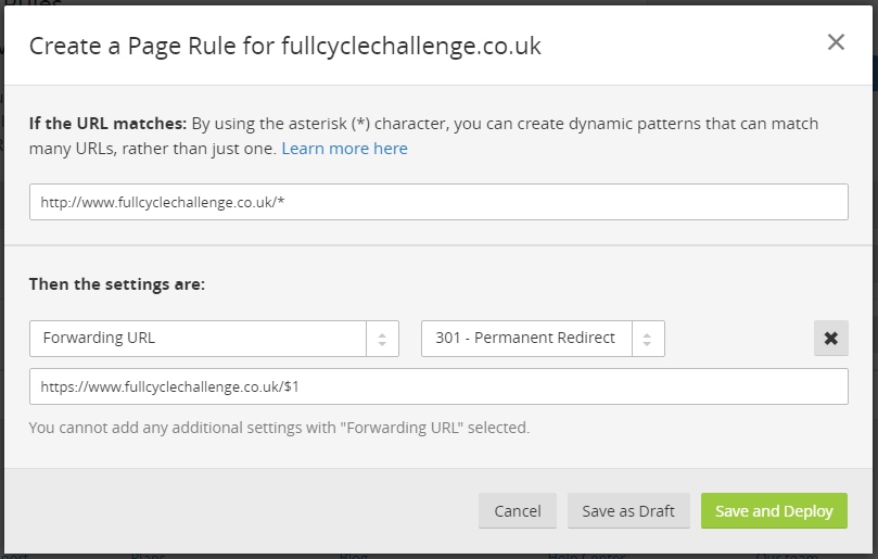 CloudFlare Page Rule to redirect HTTP traffic