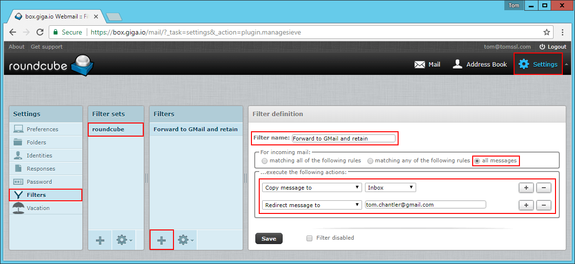 Setting up a roundcube filter to forward all email