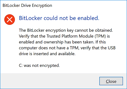 BitLocker could not be enabled