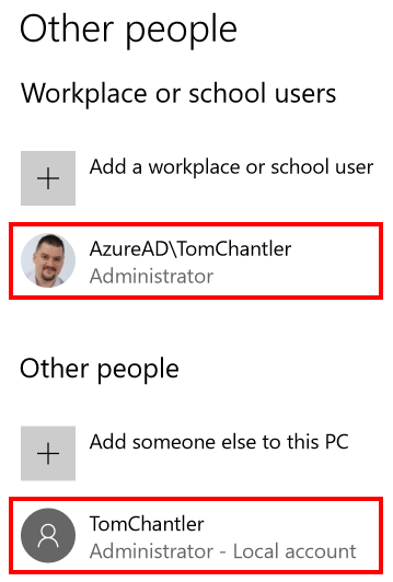 Computer accounts showing local and AzureAD side-by-side