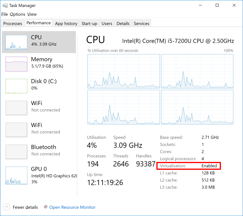 Task Manager showing Virtualisation Enabled