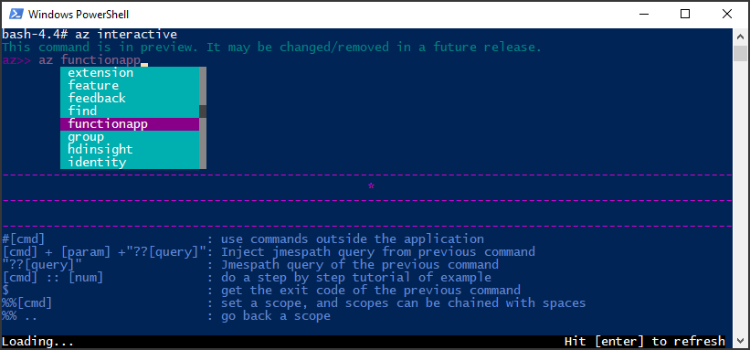 Running az interactive az functionapp