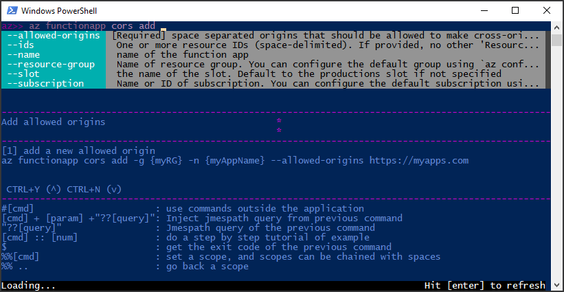 Running az interactive az functionapp cors add