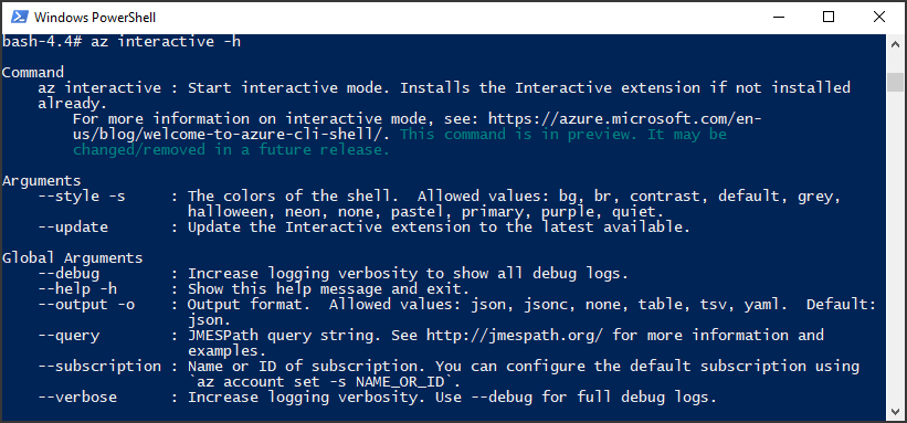 Running az interactive -h