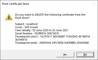 Delete Trusted Root Certificate Confirmation Dialog