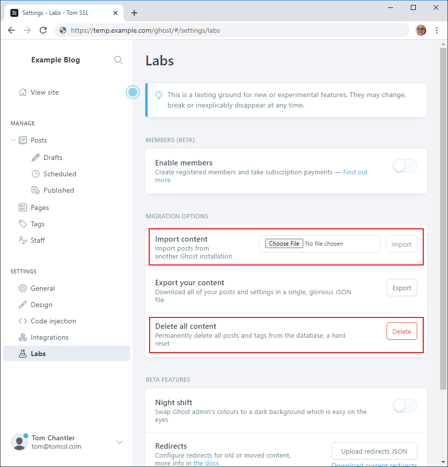 Delete sample data and import your existing blog